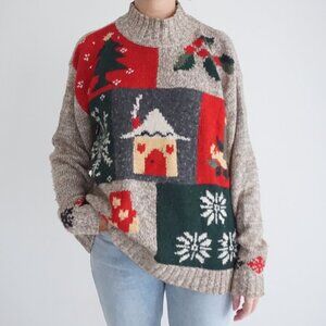 Crazy Horse Beige Patchwork Holiday House Snowflake Silk Blend Knit Sweater S